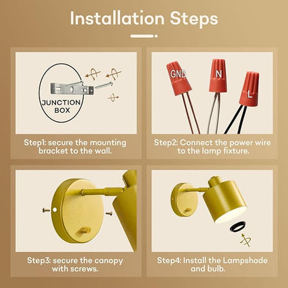 Lightess Sconces Wall Decor Set of 2 with Switch, 350° Rotatable Dimmable Gold Wall Sconce Hardwired, Industrial Wall Lights for Living Room, Bedroom, Bathroom, Hallway, (Not Included Bulb)