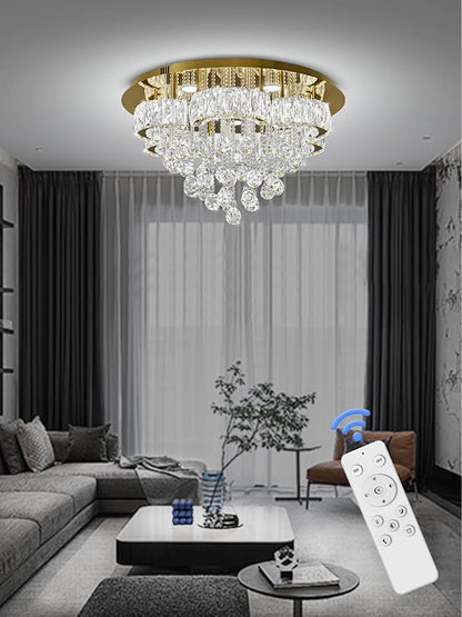 Flashing God W24inches Modern Gold Chandeliers Flush Mount Ceiling Chandeliers for High Ceiling Small Hanging Chandelier Light Fixture Bedroom Dining Room Living Room LED Dimming 2700k 4500k 6000k