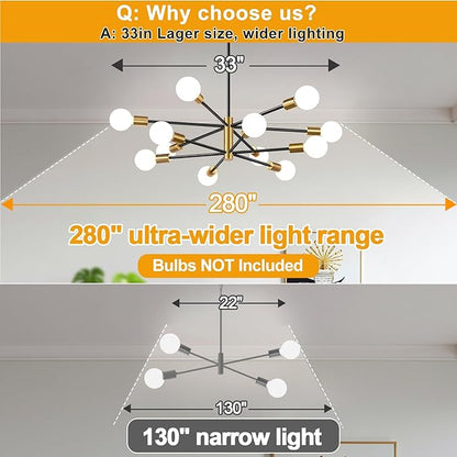 33" Modern Chandelier Ceiling Light Fixture, 12-Light Sputnik Chandeliers Brushed Gold and Black Mid Century Chandelier Over Table, Height Adjustable Chandeliers for Dining Room Living Room Kitchen
