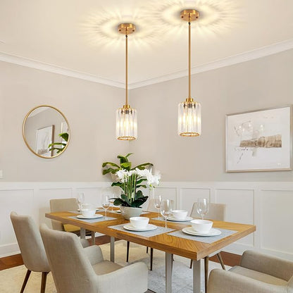2 Pack Brushed Gold Pendant Lights Kitchen Island, Modern Crystal Kitchen Pendant Lighting Over Island Dining Room Light Fixtures Adjustable Hanging Pendant Light for Bathroom Hallway Foyer Bedroom