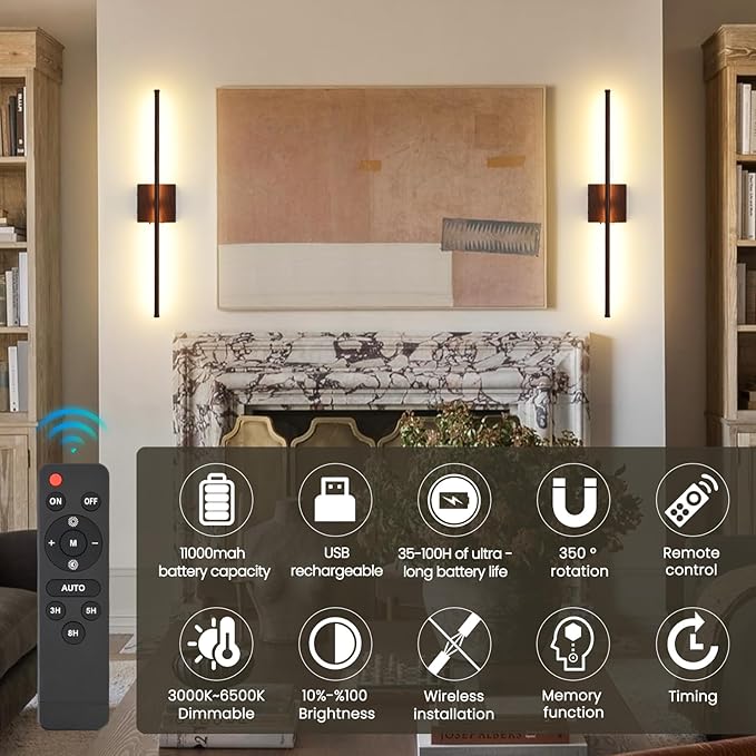 Rechargeable Battery Operated Wall Sconces, 11000mAh Faux Walnut Finish Wall Lights with Remote Control, 350°Rotate Dimmable Wall Lamp, 3 Color Temperatures, for Bedroom Living Room Hallway, 1 PCS
