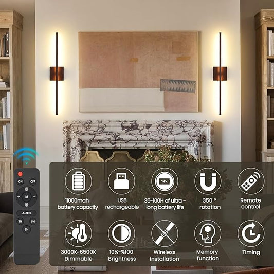 Battery Operated Wall Sconces Set of Two, 11000mAh LED Wireless Faux Walnut Finish Wall Lights with Remote, 350°Rotate Dimmable Wall Lamp, 3 Color Temperatures, for Bedroom, Living Room, Hallway