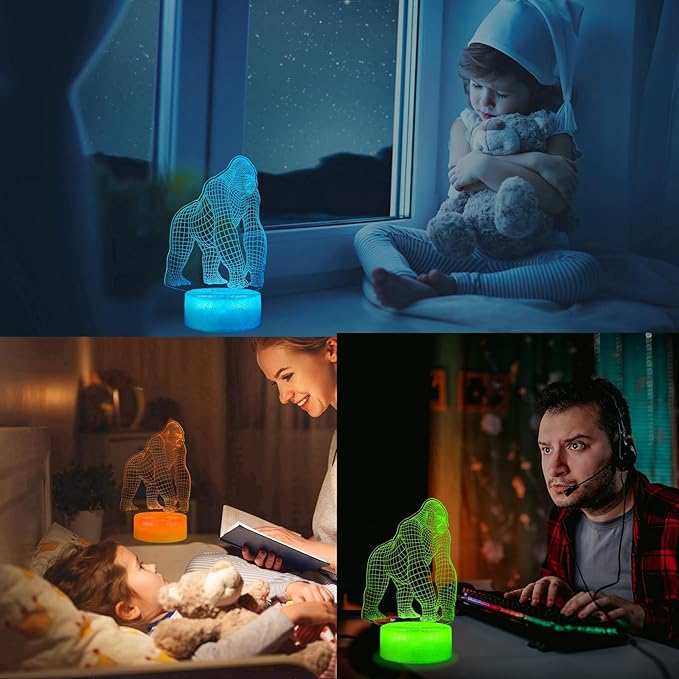 Gorilla Night Light, Gorilla Gifts, Ape 3D Illusion Night Light, 16 Colors Changing, Remote Control with Timer, Kids Room Decoration Monkey Gifts for Boy