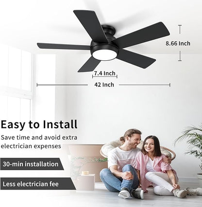 POCHFAN 42 Inch Black Ceiling Fans with Lights and Remote, LED Low Profile Flush Mount Ceiling Fan for Bedroom, Living Room, Patio, Quiet DC Motor, 5 Blades