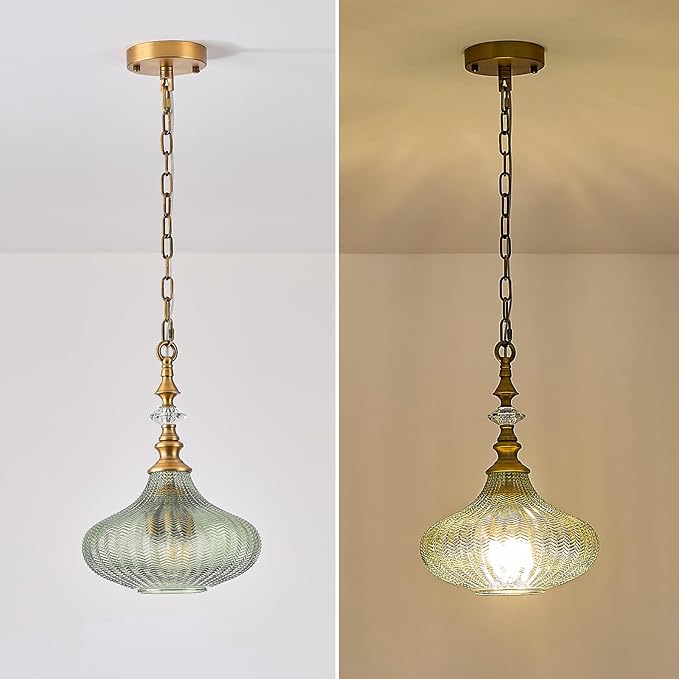 3-Light Chandelier,Vintage Gold Farmhouse Pendant Light Fixture for Kitchen,Adjustable Hanging Lighting with Green Glass Shade for Hallway Bedroom Entryway Dining Room Island