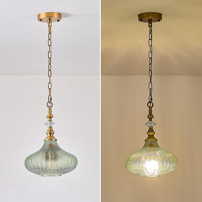 3-Light Chandelier,Vintage Gold Farmhouse Pendant Light Fixture for Kitchen,Adjustable Hanging Lighting with Green Glass Shade for Hallway Bedroom Entryway Dining Room Island