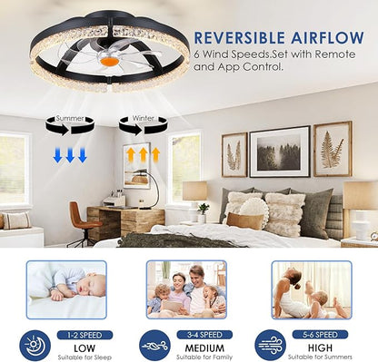 Mpayel 20" Ceiling Fans with Lights and Remote, Modern Low Profile Fandelier Ceiling Fan with Light, Quiet DC Motor, 6 Speeds, 3CCT Dimmable Bladeless Flush Mount LED Fan Light for Kids Room, Bedroom