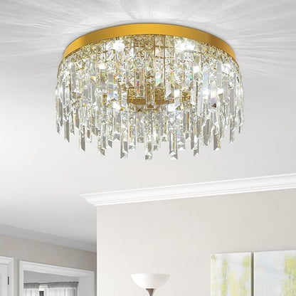 VETRULUS Gold Crystal Chandeliers for Dining Room 19.68" Round Luxury Flush Mount Crystal Ceiling Light Fixture Modern Chandelier for Bedroom Living Room Kitchen Island