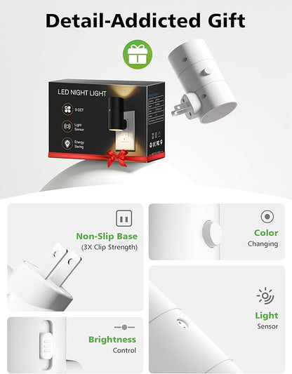 JOFIOS Night Lights Plug Into Wall,Dimmable LED Nightlight with Dusk to Dawn Light Sensor,0-100LM Adjustable Brightness,3 Color Temperatures,Night Light for Hallway Bathroom Stair Bedroom,White,2 Pack