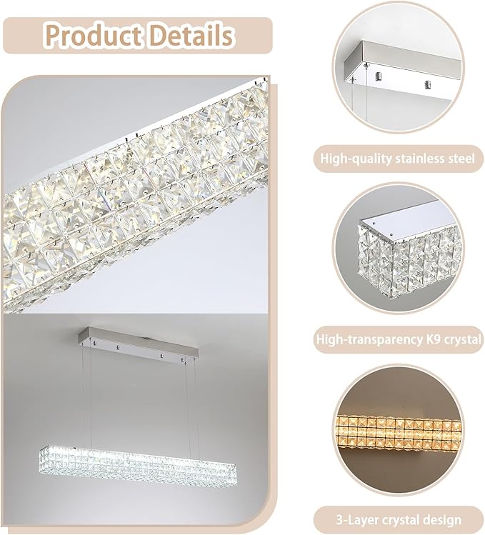ykolupty Modern Crystal Chandelier Silver Rectangular Crystal Chandelier Contemporary Linear Pendant Ceiling Light Fixture for Living Dining Room Kitchen Island (L 40")