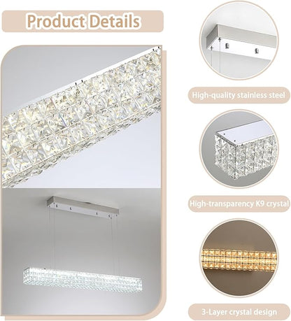 ykolupty Modern Crystal Chandelier Silver Rectangular Crystal Chandelier Contemporary Linear Pendant Ceiling Light Fixture for Living Dining Room Kitchen Island (L 40")
