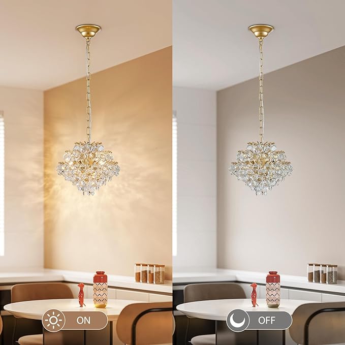 Bestier Gold Modern Pendant Chandelier Crystal Raindrop Lighting Ceiling Light Fixture Lamp for Dining Room Bathroom Bedroom Livingroom 4 G9 Bulbs Required D11 in x H12 in