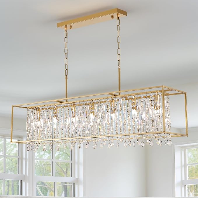 Siljoy Modern Crystal Chandelier, 7 Lights Rectangular Gold K9 Crystal Raindrop Chandelier, Luxury Rectangle Chandelier Light Fixture for Dining Room Living Room Kitchen Island L47'' x W11'' x H12''