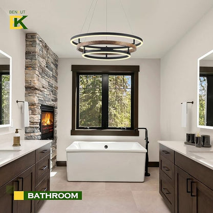 Benkut Modern LED Chandelier Black Dimmable 3 Ring Pendant Light for Dining Room, Kitchen Chandelier Circular with Remote Control Flush Mount High Ceiling Light for Living Room, 3000K-6500K