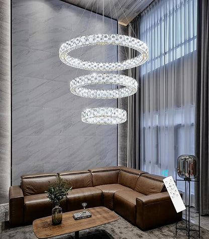 Rings LED Chandelier Modern Crystal Chandeliers Dimmable Pendant Light Fixture with Remote for Dining Room Living Room Gold
