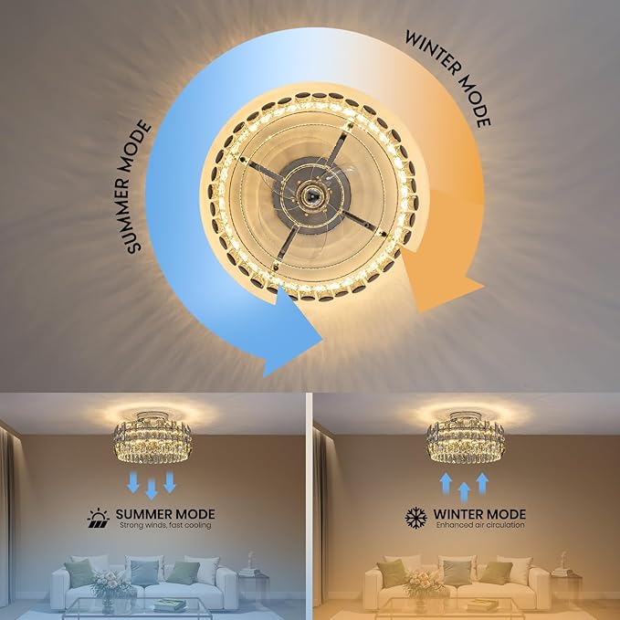 Crystal Ceiling Fan with Lights, Modern Chandelier Ceiling Fan with Remote, 6-Speed Wind, Dimmable LED, 20” Low Profile Ceiling Fan for Bedroom Dining Room Living Room