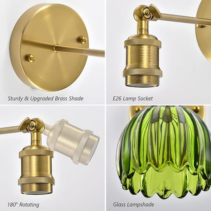 Vintage Battery Operated Wall Sconce, Green Tulip Glass Lampshade Wireless Rechargeable Battery Powered LED Wall Light with Remote Dimmable for Bedside Bedroom Doorway Living Room, Set of 2