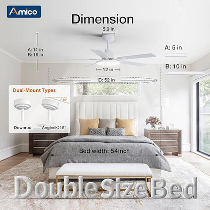 Amico Ceiling Fans with Lights, 52 inch Smart Ceiling Fan with Remote/APP/Alexa Control, Downrod Mount, Reversible DC Motor, 5 Blades, 6 Speeds, 3CCT, Dimmable, Noiseless, Bedroom, Living Room, White