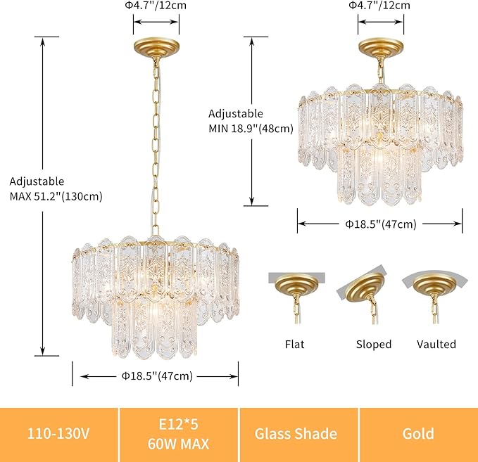 5-Lights Luxury Glass Chandeliers, Mid-Century Modern Chandeliers for Dining Room, D18.5'' × H18.9'', Adjustable Height (18.9"~51.2"), Gold Finish Frame & Double Figured Glass Shade