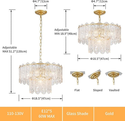 5-Lights Luxury Glass Chandeliers, Mid-Century Modern Chandeliers for Dining Room, D18.5'' × H18.9'', Adjustable Height (18.9"~51.2"), Gold Finish Frame & Double Figured Glass Shade