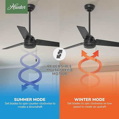 Hunter 44 inch Outdoor or Indoor Ceiling Fan No Light - Black Ceiling Fan without Light, For Patio, Porch, Garage, or Living Room, Standard Mount, 3 Blades, Pull Chain - Cassius 50260, Matte Black
