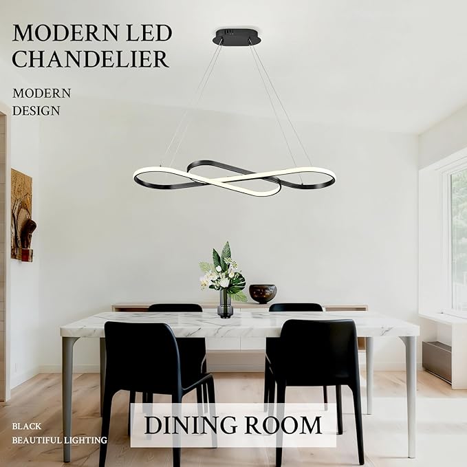 Modern LED Chandelier Black Dimmable LED Pendant Light for Dining Room Light Fixture Over Table Modern Kitchen Island Lighting High Ceiling with Remote for Living Room, 31.7 Inch