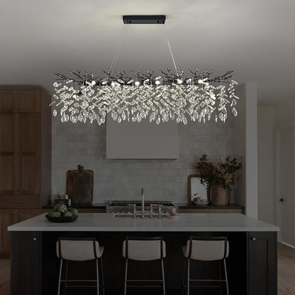 Modern Crystal Tree Branch Chandelier L40'', Black Linear Rectangle Art Deco Pendant Light Raindrop Lighting Fixture for Dining Room Kitchen Island 10 Lights