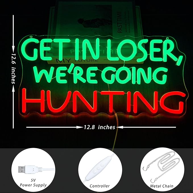 Funny Hunting Neon Sign - LED Light for Man Cave Garage, Country Outdoor Decor, Deer Hunter Wall Art Gift for Guys, Dimmable USB Powered(16.9 * 7.5inch)