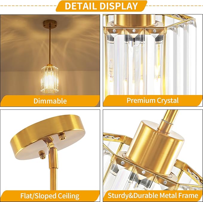 2-Pack Brushed Gold Pendant Lights Kitchen Island Modern Crystal Hanging Pendant Light Hexagonal Mini Chandelier Adjustable Hanging Kitchen Lights for Dining Room Hallway Bedroom Entryway Pendant Lamp