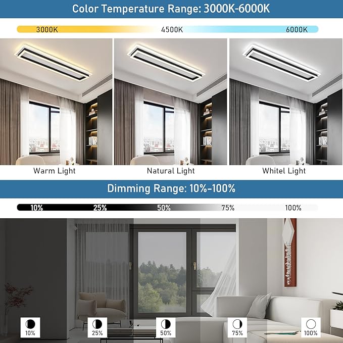 Dimmable Led Ceiling Light with Remote Control 31.5in Modern Linear Flush Mount Ceiling Lighting Fixture Acrylic Long Ceiling Lamp for Living Room Kitchen Dining Room Hallway (Black, 2 Packs)