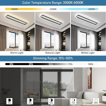 Dimmable Led Ceiling Light with Remote Control 31.5in Modern Linear Flush Mount Ceiling Lighting Fixture Acrylic Long Ceiling Lamp for Living Room Kitchen Dining Room Hallway (Black, 2 Packs)