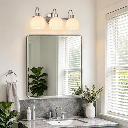 Bathroom Light Fixtures, 3-Light Brushed Nickel Bathroom Vanity Light Over Mirror with White Tulip Glass Shades, Vanity Light Fixture for Bedroom, Living Room & Hallway (Bulbs Not Included)