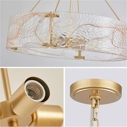 XINGQI 20.7“ Glass Gold Chandeliers for Dining Room, Drum 4-Light Over Table Hanging Pendant Lighting for Hight Ceiling Living Room Kitchen Island Bedroom Office