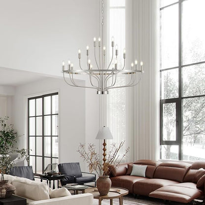 18-Light Brushed Nickel Chandelier, 39.4" Large Candle Chandeliers Modern Mid Century Classic Chandelier Light Fixture for Large Living Room Dining Room Stairs Entry Restaurant Hotel
