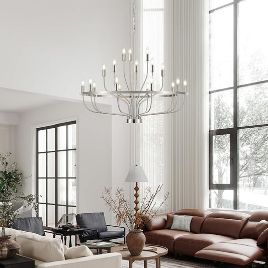 18-Light Brushed Nickel Chandelier, 39.4" Large Candle Chandeliers Modern Mid Century Classic Chandelier Light Fixture for Large Living Room Dining Room Stairs Entry Restaurant Hotel