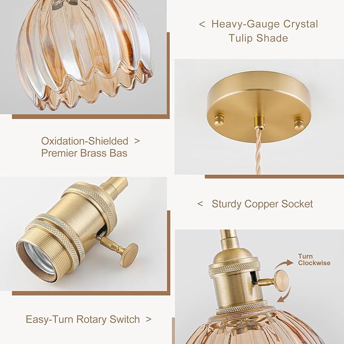 Mini Pendant Lights Kitchen Island 3 Pack, Small Adjustable Pendant Light Fixture with Amber Tulip Glass Lampshade, Vintage Gold Pendant Lighting, Pendant Light for Bedroom Dining Room Hallway