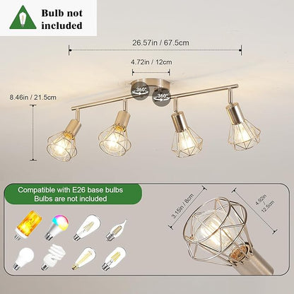 4-Light Track Light Brushed Nickel Adjustable Kitchen Track Lighting Multi-Directional Cage Flush Mount Ceiling Light with E26 Base Farmhouse Close to Ceiling Lamp for Dining Room Hallway