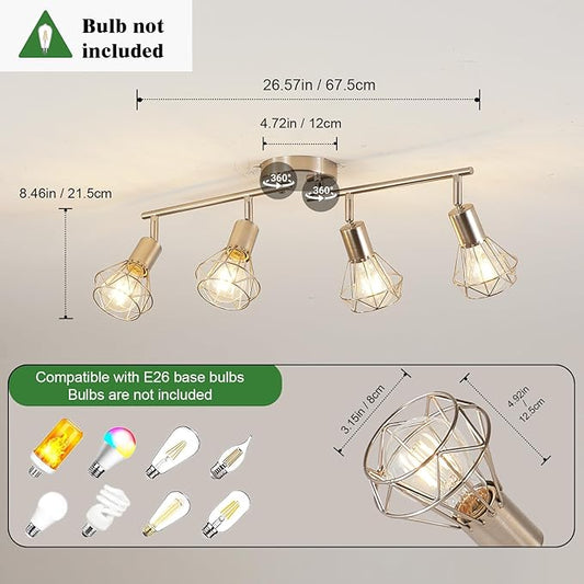 4-Light Track Light Brushed Nickel Adjustable Kitchen Track Lighting Multi-Directional Cage Flush Mount Ceiling Light with E26 Base Farmhouse Close to Ceiling Lamp for Dining Room Hallway