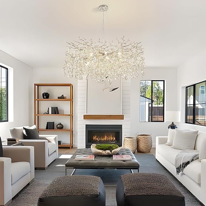 Modern Tree Branch Crystal Chandelier 40" Sliver Luxury Large Pendant Lighting 15-Light Contemporary K9 Crystal Chandeliers for Dining Room Kitchen Living Room Foyer Entryway (Sliver, D40"-Round)