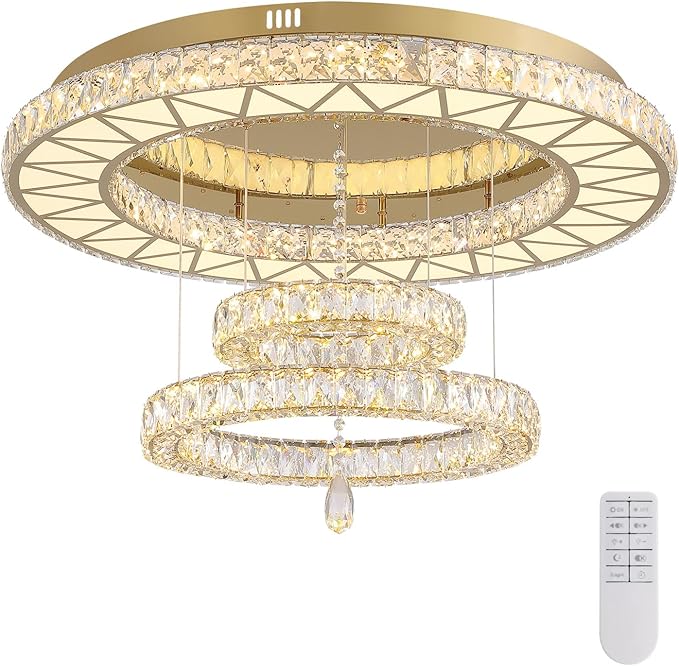 Siljoy 32" Gold Crystal Chandeliers, 3 Rings LED Flush Mount Ceiling Light, Dimmable Foyer Chandeliers for Living Room Dining Room Staircase, D12-18-32"