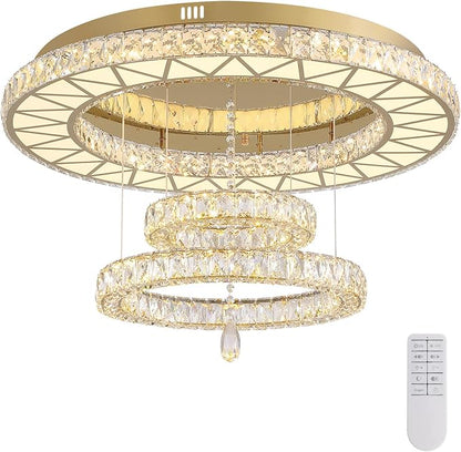 Siljoy 32" Gold Crystal Chandeliers, 3 Rings LED Flush Mount Ceiling Light, Dimmable Foyer Chandeliers for Living Room Dining Room Staircase, D12-18-32"