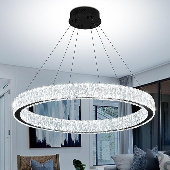 Modern LED Dimmable Crystal Chandelier 31.5" Ring Pendant Light Adjustable Black Round Crystal Chandelier Light Fixtures for Dining Room Living Room
