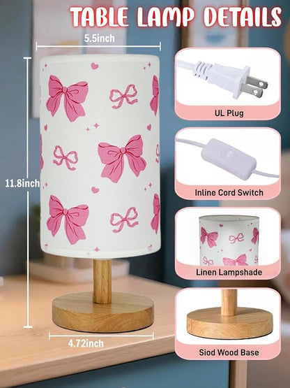 Pink Bow Table Lamp, Girls for Bedroom Bedside Lamp, 3-Way Dimmable Nightstand Night Light with Linen Fabric Shade Solid Wood Base for Kids Room Home Office or Living Decor, Birthday Gifts for Girls