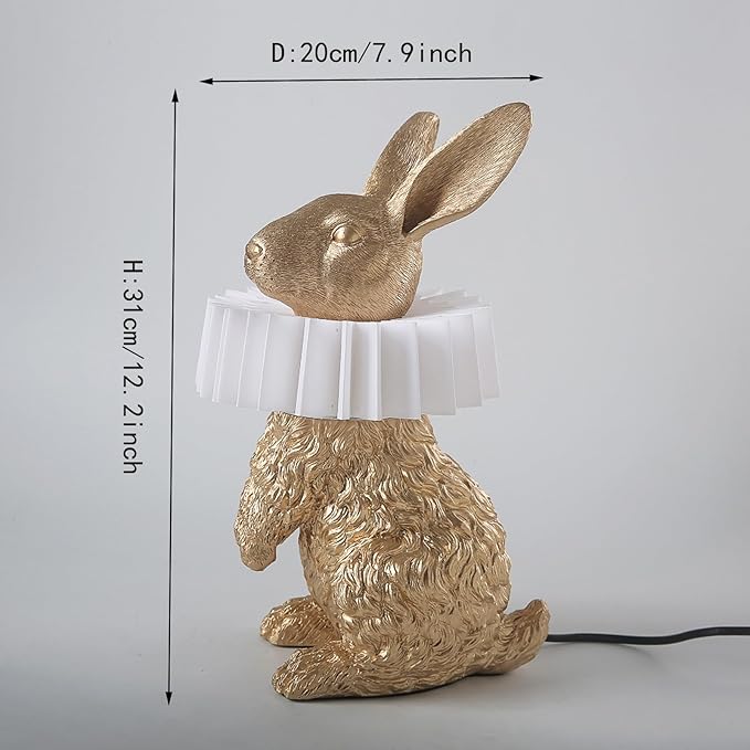 Gold Standing Bunny Lamp, Resin Scarf Rabbit Table Lamp with White Pleated PC Lampshade, USB Plug LED Nightstand Lamp, Cute Bedside Night Light for Bedroom Nursery Home Decor