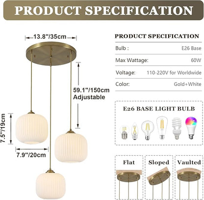 Mid Century Modern Chandelier 3-Light Gold Globe Cluster Chandelier Antique Brass Pendant Lights Kitchen Island 3 Light Hanging Light Fixtures Ceiling Mount Dining Room Pendant Lighting