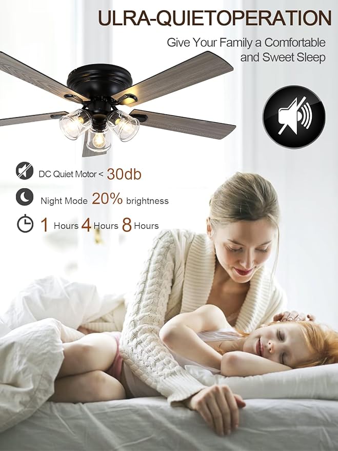 52 Inch Flush Mount Vintage Ceiling Fan with Lights and Remote, Farmhouse Rustic Ceiling Fan Antique Fandelier Chandelier for Bedroom Living Room Low Profile, 3 E26 Bulbs (Not Included)