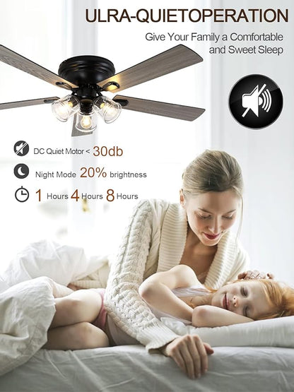 52 Inch Flush Mount Vintage Ceiling Fan with Lights and Remote, Farmhouse Rustic Ceiling Fan Antique Fandelier Chandelier for Bedroom Living Room Low Profile, 3 E26 Bulbs (Not Included)