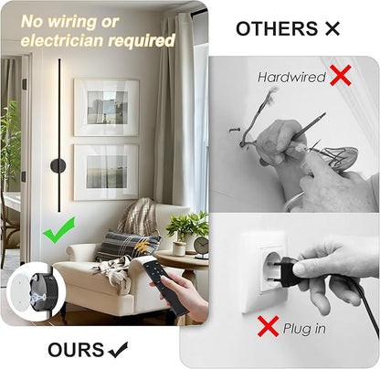 Battery Operated Modern Wall Sconces Set of Two,Rechargeable Wireless Wall Lights with Remote Control,Dimmable,3CCT,Timer,360°Rotation,Cordless Lighting for Bedroom,Living Room,Hallway,Black,39.3 Inch