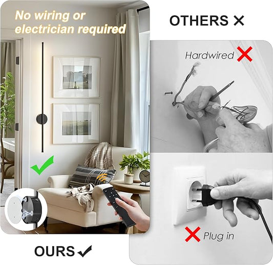 Battery Operated Modern Wall Sconces Set of Two,Rechargeable Wireless Wall Lights with Remote Control,Dimmable,3CCT,Timer,360°Rotation,Cordless Lighting for Bedroom,Living Room,Hallway,Black,39.3 Inch