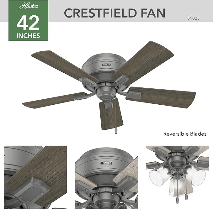 Hunter 42 inch Indoor Ceiling Fan with LED Lights and Pull Chain - Low Profile Flush Mount Ceiling Fan, 5 Blades, For Bedroom, Living Room, or Kitchen, Quiet - Crestfield 51025, Matte Silver